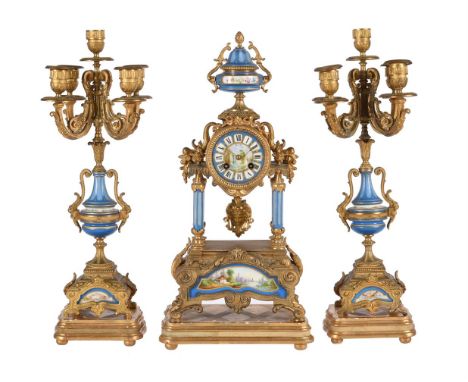 A FRENCH GILT METAL AND PORCELAIN MANTEL CLOCK GARNITUREThe movement by Pinchon Fils, Paris, circa 1875The eight-day countwhe