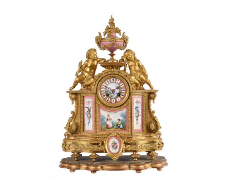 A FRENCH PORCELAIN INSET ORMOLU FIGURAL MANTEL CLOCKThe movement by Japy Freres et Cie, Paris, late 19th centuryThe eight-day