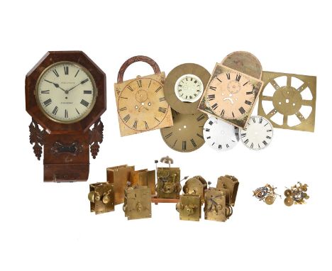 A VICTORIAN MAHOGANY FUSEE DROP-DIAL WALL TIMEPIECE AND A GROUP OF ENGLISH CLOCK MOVEMENTSThe drop-dial timepiece signed for 