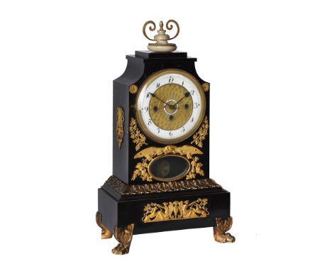 AN AUSTRIAN ORMOLU MOUNTED EBONISED GRANDE-SONNERIE STRIKING MANTEL CLOCK Unsigned, circa 1830The four pillar triple train sh