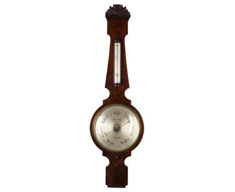 A VICTORIAN FIGURED MAHOGANY MERCURY WHEEL BAROMETER WITH 12-INCH DIALL. Casartelli, Liverpool, circa 1850The 12 inch circula