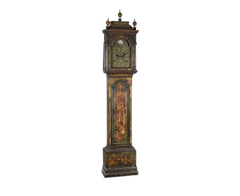 A GEORGE II GREEN JAPANNED EIGHT-DAY LONGCASE CLOCK WITH MOONPHASEUnsigned, probably London, circa 1735The five finned pillar