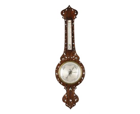 Y A VICTORIAN MOTHER OF PEARL AND BRASS INLAID MERCURY WHEEL BAROMETERUnsigned, circa 1860The 8 inch circular silvered regist