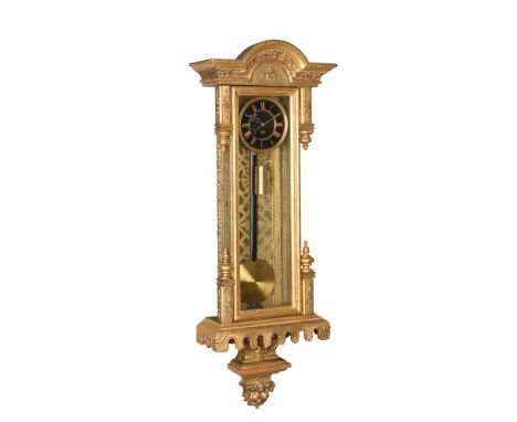 AN UNUSUAL AUSTRIAN GILTWOOD AND GESSO WALL REGULATOR TIMEPIECEUnsigned, probably Vienna, circa 1870The four pillar single tr