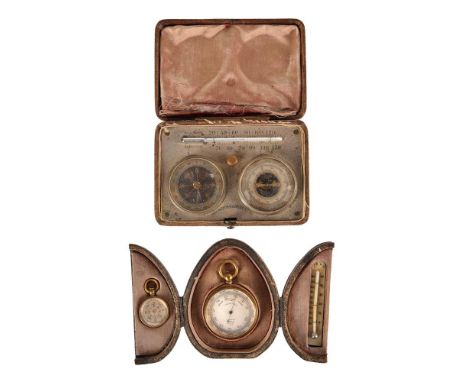 TWO CASED ANEROID BAROMETER, COMPASS AND THERMOMETER COMPENDIUMSOne by J. Hicks, London, late 19th centuryThe first with 1.25