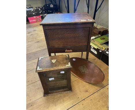 A smokers' oak box, a pair of binoculars, a monocular, a copper tray and an oak workbox 