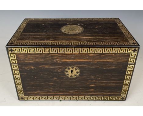 A 19th century coromandel and brass inlaid tea caddy, fitted two satinwood caddies, 26 cm wide 