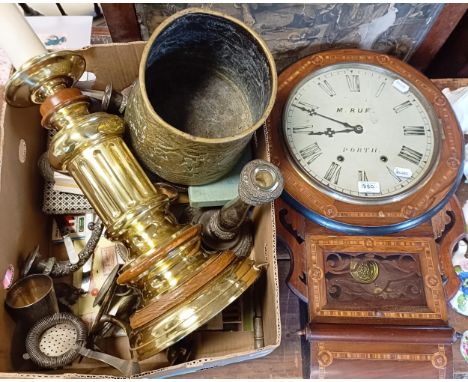 A wall clock, signed M Ruf, Porth, in a mahogany case, 73 cm, a brass and oak lamp base and assorted metalware (box) 