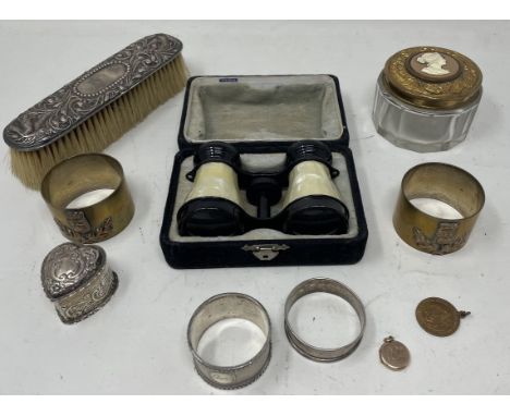 A 9ct gold locket, a silver plated napkin ring, a pair of opera glasses and other items 