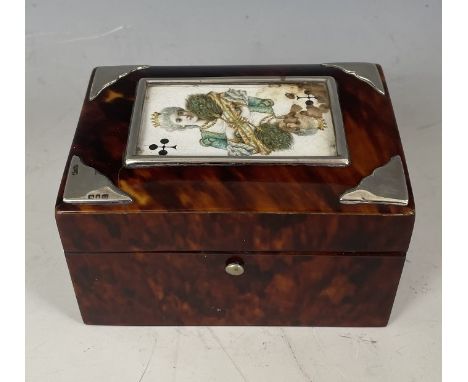 A 19th century tortoiseshell and silver mounted card box, 11 cm wide 