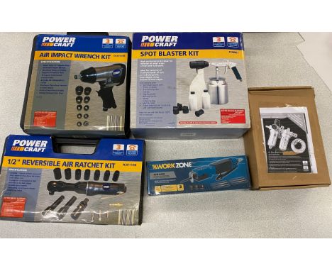 Selection of power tools to include Power craft air impact wrench kit, spot blaster kit, reversible air ratchet kit etc all u