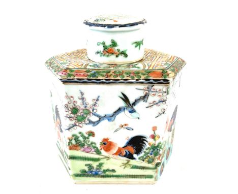 Antique Chinese famille Verte tea caddy, hand painted, approximate height 6 inches 