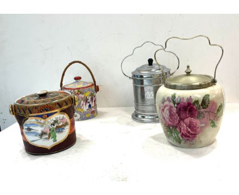 Selection of 4 vintage biscuit barrels includes 2 oriental, 1 metal and 1 other 