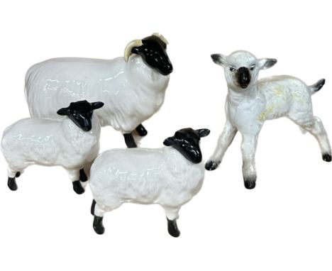 Vintage Beswick black faced ram, sheep and lamb figures, all in good overall condition 