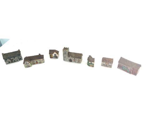 Selection of vintage Wade village miniatures, to include St Sebastin Church, Flower shop etc 