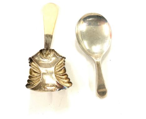 Antique silver tea caddy spoon with mother of pearl handle, Birmingham hallmarks 1835, markers initial T.M and another silver