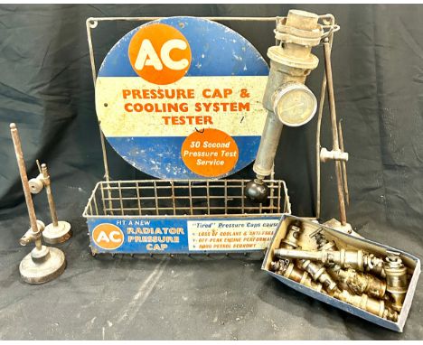 Vintage AC Pressure Cap and Cooling System tester advertising metal display, approximate measurements: 15 x 14 inches 