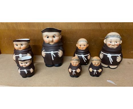 Selection of vintage Goebel/ Hummel monk figurines includes Jugs, lidded pot etc 