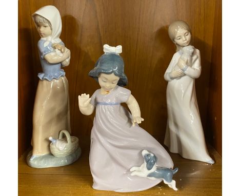 Selection of 3 vintage Nao figures of Girls playing with dogs, tallest measures 8.5 inches tall 