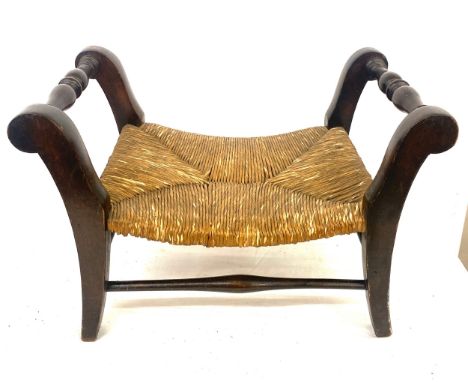 Small vintage oak and wicker stool 