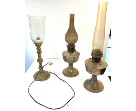 2 Vintage oil lamps together with a glass shade electric lamp, untested 