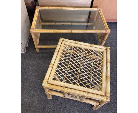 Cane and glass coffee table and a cane lamp table. Coffee table measures approx 15 inches tall by 36 inches wide and 20 inche