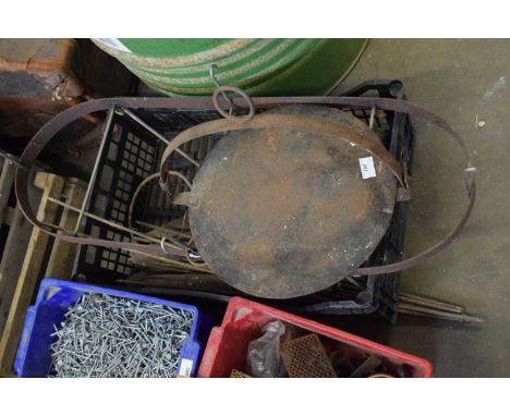 MIXED LOT : IRON  POT HANGER, IRON GRIDDLE AND QUANTITY OF SASH WINDOW WEIGHTS
