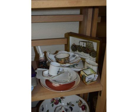 MIXED LOT OF VARIOUS CRESTED CHINA WARES, SMALL DOULTON DICKENS WARE ITEM, MINIATURE PICTURE FORMED OF CLOCK PARTS ETC