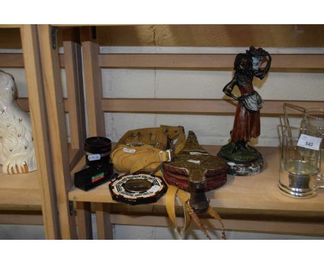 MIXED LOT OF SMALL FIGURINE ON TURNED MARBLE BASE, BRASS MOUNTED FIRE BELLOWS, CAMERA LENSES, SMALL OCTAGONAL ORIENTAL WALL P