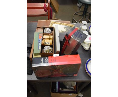 MIXED LOT VARIOUS BOXED CUTLERY, PAIR OF SMALL OIL PAINTINGS, LEATHER SATCHEL, BOXED CHOPSTICK SET, CANDLES ETC