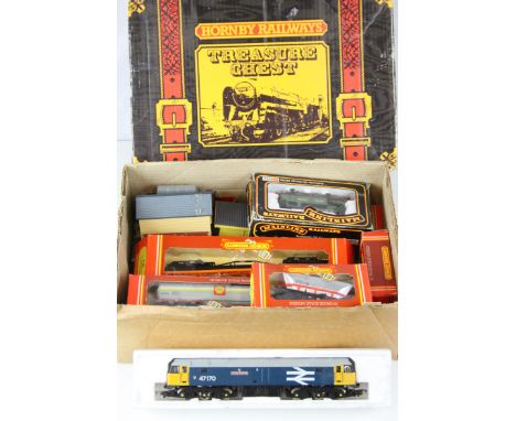 Hornby OO gauge Treasure Chest box containing boxed R249 Hopper Wagon, R126 Transporter, R633 Freightliner Wagon, R718 Brake 