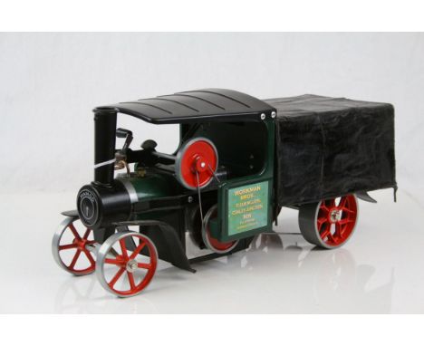 Customised Mamod Steam Tractor with added hood and trailer, Workman Bros decals, vg