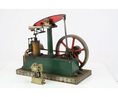 Stuart horizontal stationary beam engine with flywheel, cast iron, on cast base, base length 14"