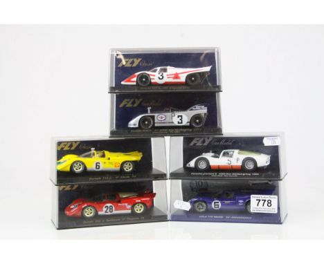 Six cased Fly slot cars to include 88187 Porsche Carrera, 96088 Lola T70 MK3B, C2 Ferrari 512 S, C21 Ferrari 512 S Berlinetta