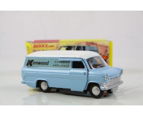 Boxed Dinky 407 Ford Transit Van diecast model in light blue with cream roof, paint chips, but overall gd condition in reprod