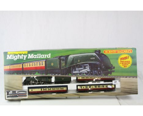 Boxed Hornby OO gauge R542 Mighty Mallard train set with locomotive and rolling stock, missing a few pieces of track
