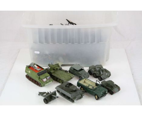 Quantity of play worn diecast military vehicles and plastic military figures, to include Dinky, Crescent, Solido etc plus a D