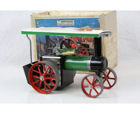 Boxed Mamod Tractor Engine TE 1A with roof, gd condition, box showing wear and repair with tape