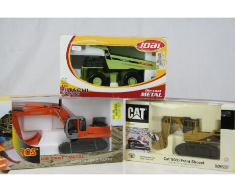 Three boxed diecast construction models to include Morscot 55004 1:50 CAT cat 5080 Front Shovel (slight discolouring &amp; da