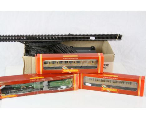 Group of Hornby OO gauge model railway to include boxed Flying Scotsman locomotive (poor box),  2 x boxed items of rolling st