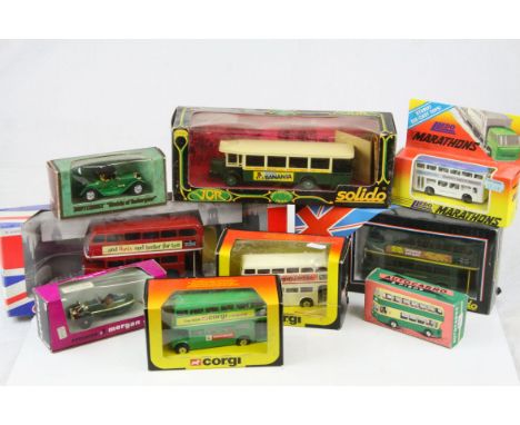 Nine boxed car &amp; bus diecast models to include 3 x Solido AEC Double Decker RT, No. 4404 Bus Green Line, No.4401 Bus Rena