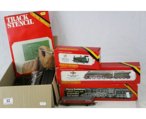 Three boxed Hornby OO gauge locomotives to include R077 GWR 0-4-0, BR Class A4 4-6-2 Mallard and Flying Scotsman LNER A3 loco