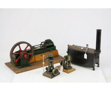 Three Stationary steam engines to include vertical cast model on wooden stand, Bristol Model Steamship Company on wooden stan