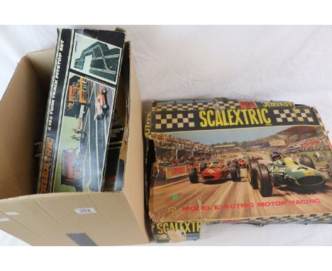 Boxed Scalextric Set 50s to include track and power unit, plus accessories, track slot motorcycle model, controllers etc (2)