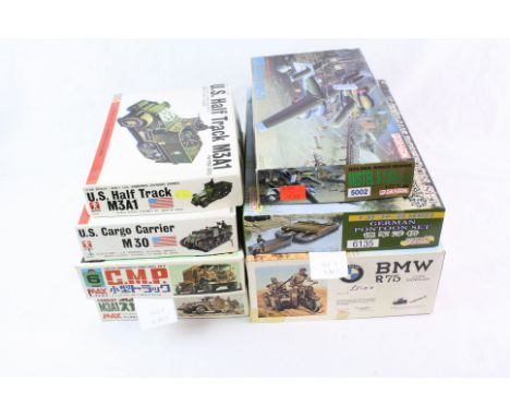 Seven boxed plastic model kits to  include 2 x Dragon featuring 5002 1:72 Golden Wings Series Mistel 5, 6135 1:35 German Pont