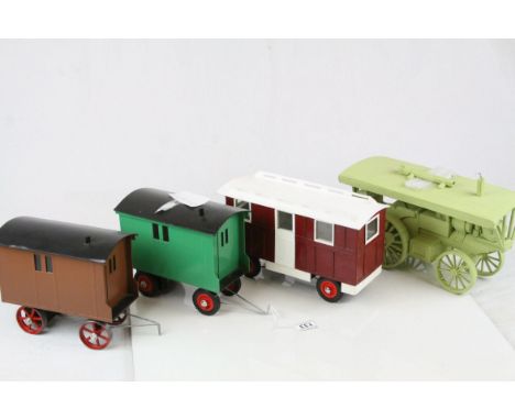 Three scratch built painted living vans plus a scratch built wooden steam engine (4)
