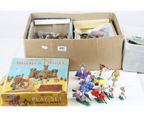 A collection of plastic Knights &amp; Knights on horseback by Britains and Timpo together with a Knights &amp; Vikings playse