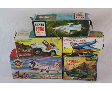 Five boxed plastic toys, some remote control, to include Marx Hill Climbing Jeep, Marx Camouflaged Cruiser Tank, Marx Tricky 