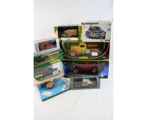 Nine boxed/cased diecast model vehicles to include 2 x 1:18 Solido featuring Prestige 8004 Ford Publicitaire &amp; 8026 Ford 
