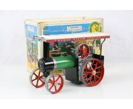 Boxed Mamod Steam Tractor TE1A, vg condition, booklet, steering rod and funnel, box showing some wear with tape repair 